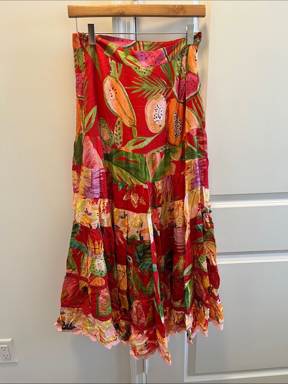 FARM Rio Red Tropical Fruit Print Tiered Maxi Skirt